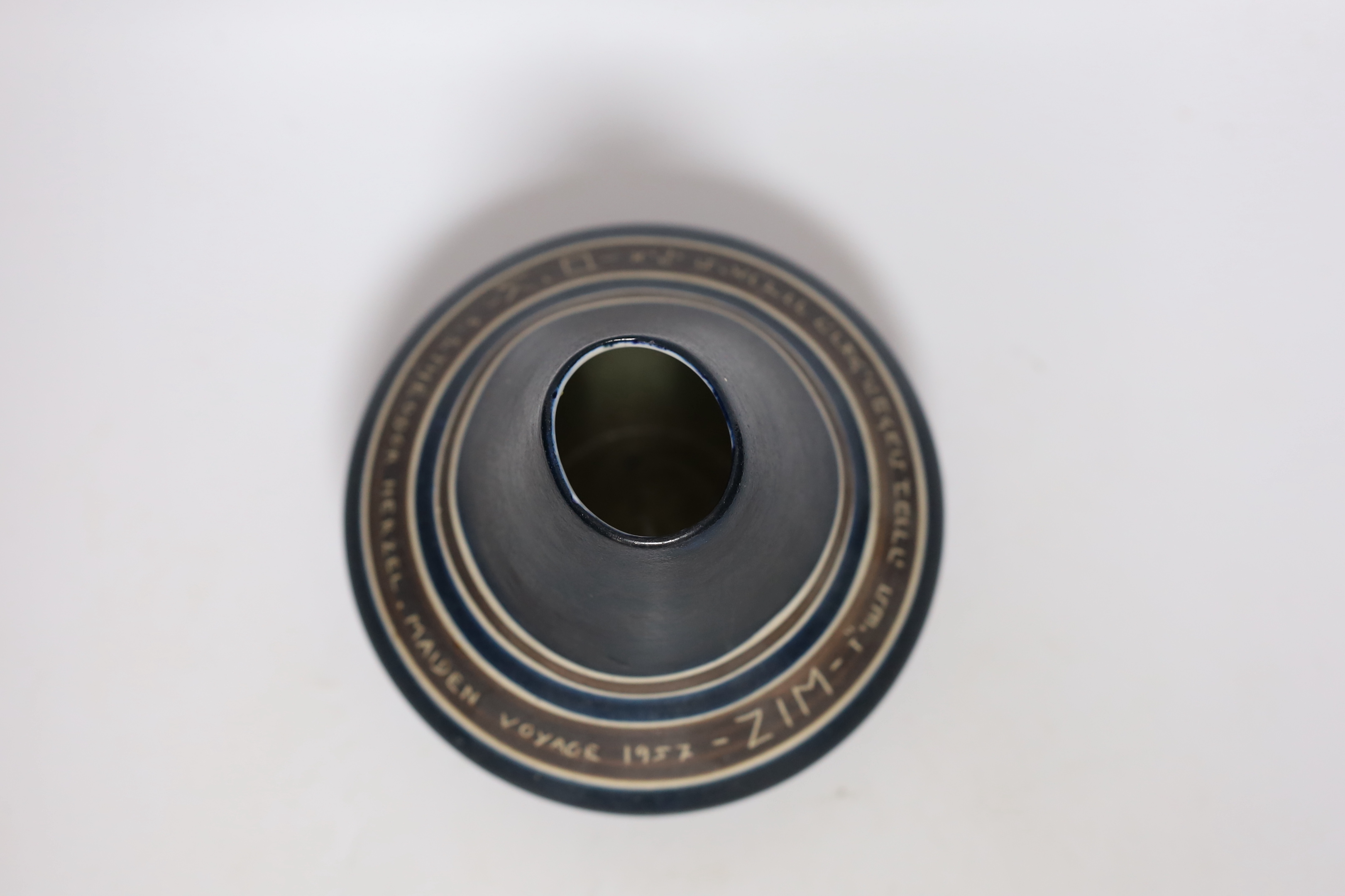 A 20th century Israeli commemorative vase, inscribed SS The Odor Herzel, maiden voyage 1957, incised to the base
